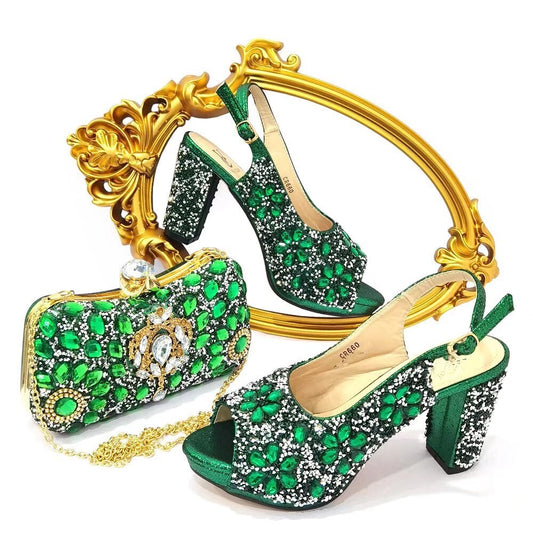 Matching Shoes and Bags: gold Women Shoes Match Purse With Big Crystal Decoration