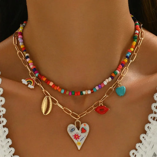 Bohemian Multilayer Handmade Beads Chain Fashion Necklaces Tassels Colorful Love Oil Drop Pendant Pendant Jewelry For Women Acce