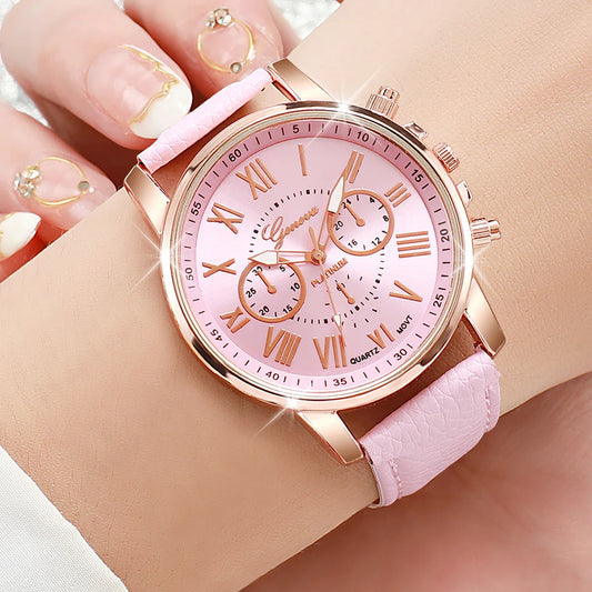 6PCS/Set Fashion Roma Dial Women's Quartz Watch Casual Leather Band Analog Wrist Watches(Without Box)