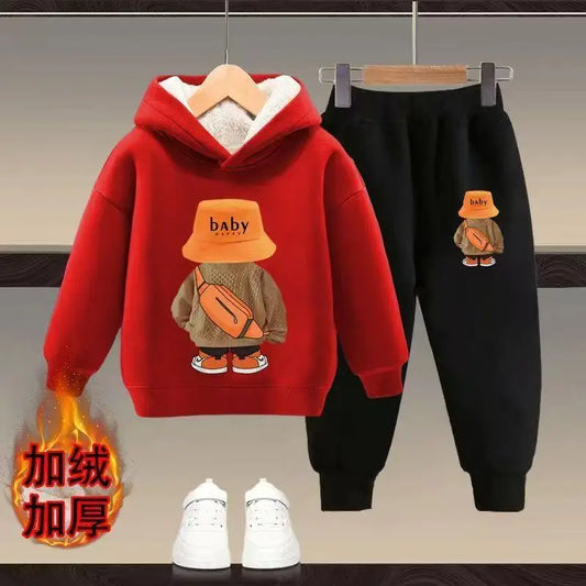 Winter Spring Kid Girls Hoodies Plush Warm Clothes Set Children Boy Cartoon Bear Printed Hooded Pullover Top And Pants 2PC Suit