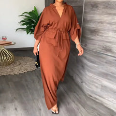 Lady Autumn Winter Long Dress Women Solid V-neck Long Sleeve