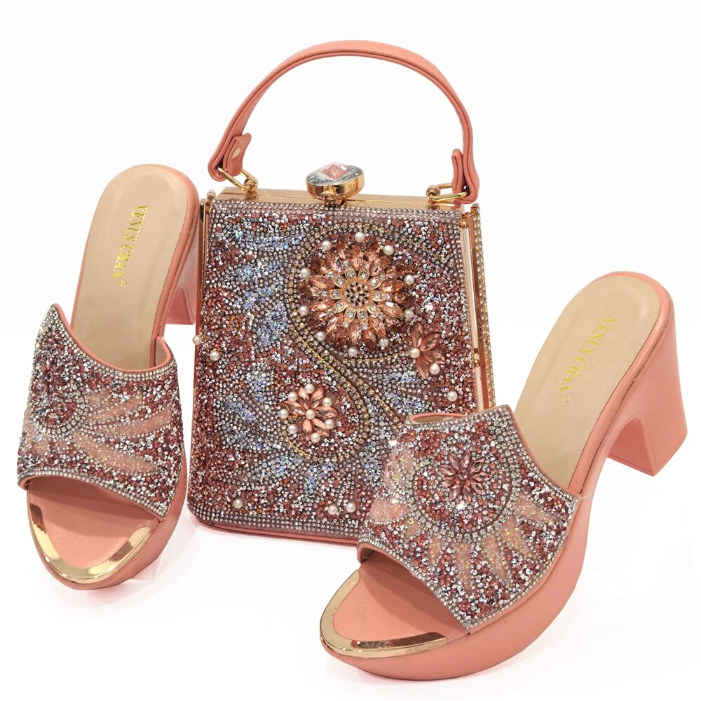 Matching Shoes and Bags: Italian gold Shoes And Bag Sets For Evening Party With Stones