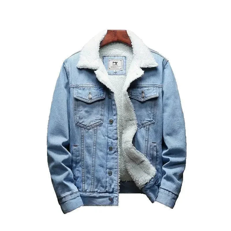 Men's Denim Jacket With Sheep Male Jean Coats Padded Black Padding Wool Slim