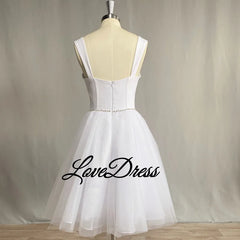 White Bridesmaid Dresses: A-Line Short Wedding Dress Backless Tulle Bride Gown