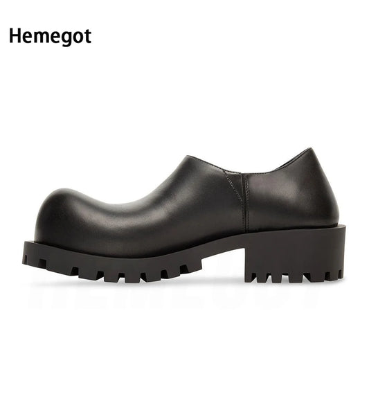 Mens Thick Platform Formal Shoes Round Toe Slip On Genuine Leather Casual Shoes
