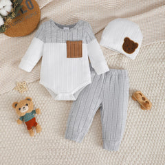 3PCS Newborn Baby Boy Clothes Set Long Sleeved Color Blocked Bodysuit+Gray Pants+Hat Autumn Clothing for Toddlers 1-18 Months