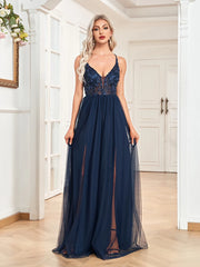 Homecoming Dresses: V Neck Navy Tulle Backless Chiffon Party Maxi Dress
