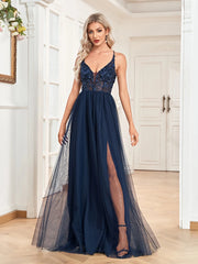 Homecoming Dresses: V Neck Navy Tulle Backless Chiffon Party Maxi Dress