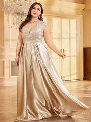 Homecoming Dresses: Plus Size Luxury Gold Satin V-Neck Evening Dress Women