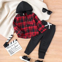 3PCS Autumn Boys Aged 2-6 Are Fashionable And Handsome, Multi-Color Plaid Hooded Long-Sleeved Top + Solid Color Pants Set