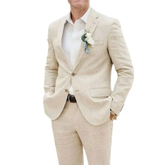 High-end Summer Beige Linen Wedding Suits for Men 2 Pieces