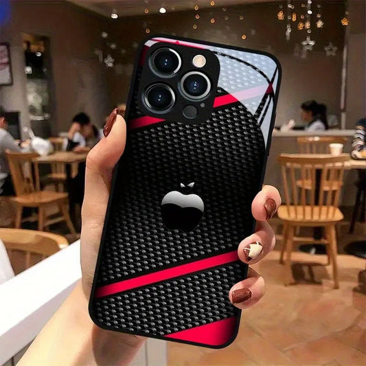 Black Carbon Fiber For Apple Pattern Glass Phone Case For iPhone 17 16 15 14 Pro Max 13 12 11 16E 17Air 7 8 Plus XR XS X Cover