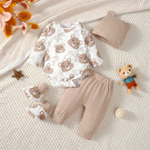 4 Colors 0-9 Months Newborn Baby Boy Autumn Clothing Set Bear Long Sleeve Bodysuit+Pants+Hat+Socks Cute Newborn Baby Gift Outfit