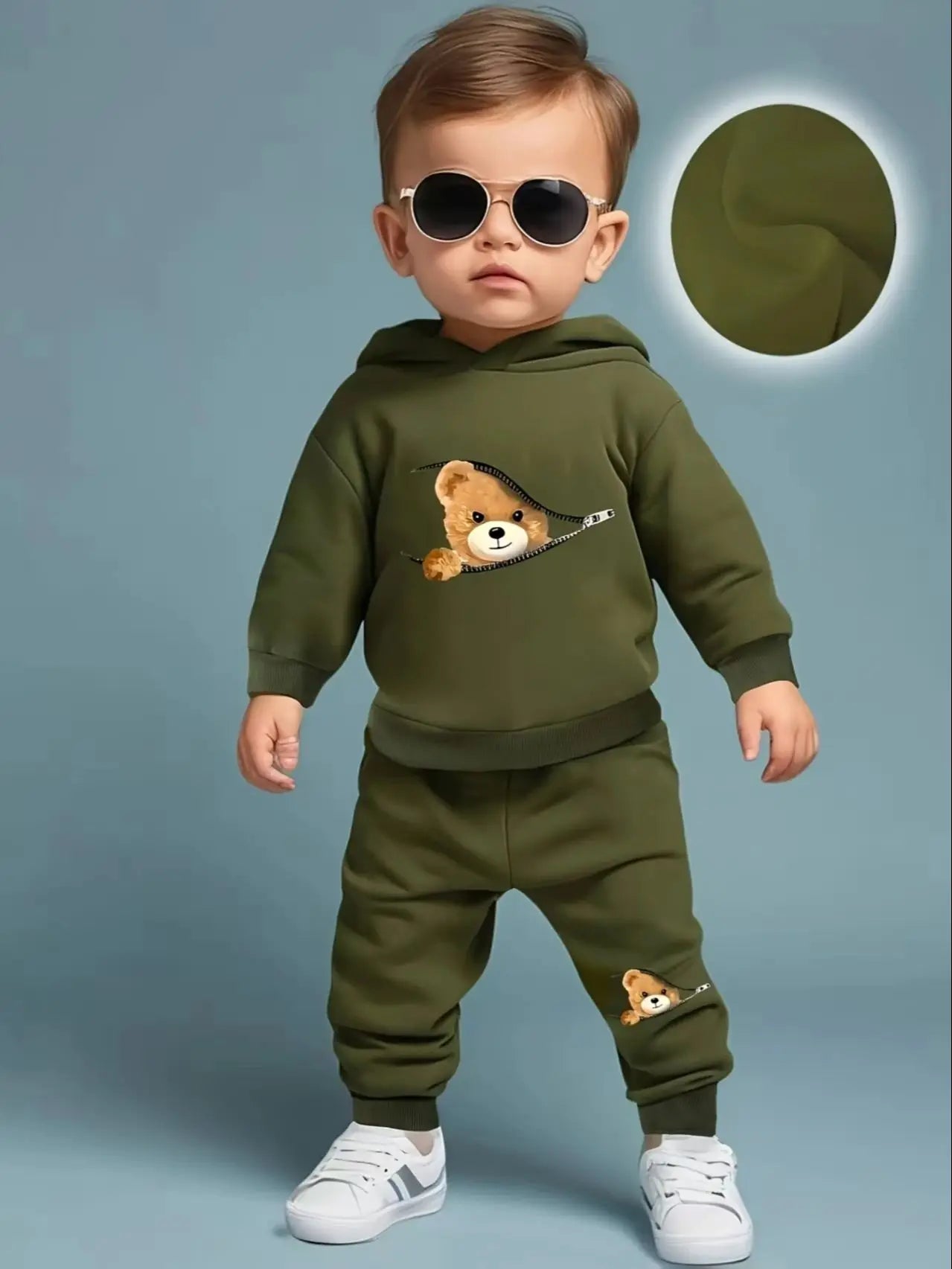 Newborn Baby Boy's Zipper Bear Print Fleece Hoodie & Casual Fashion Pants Set (Fall/Winter)