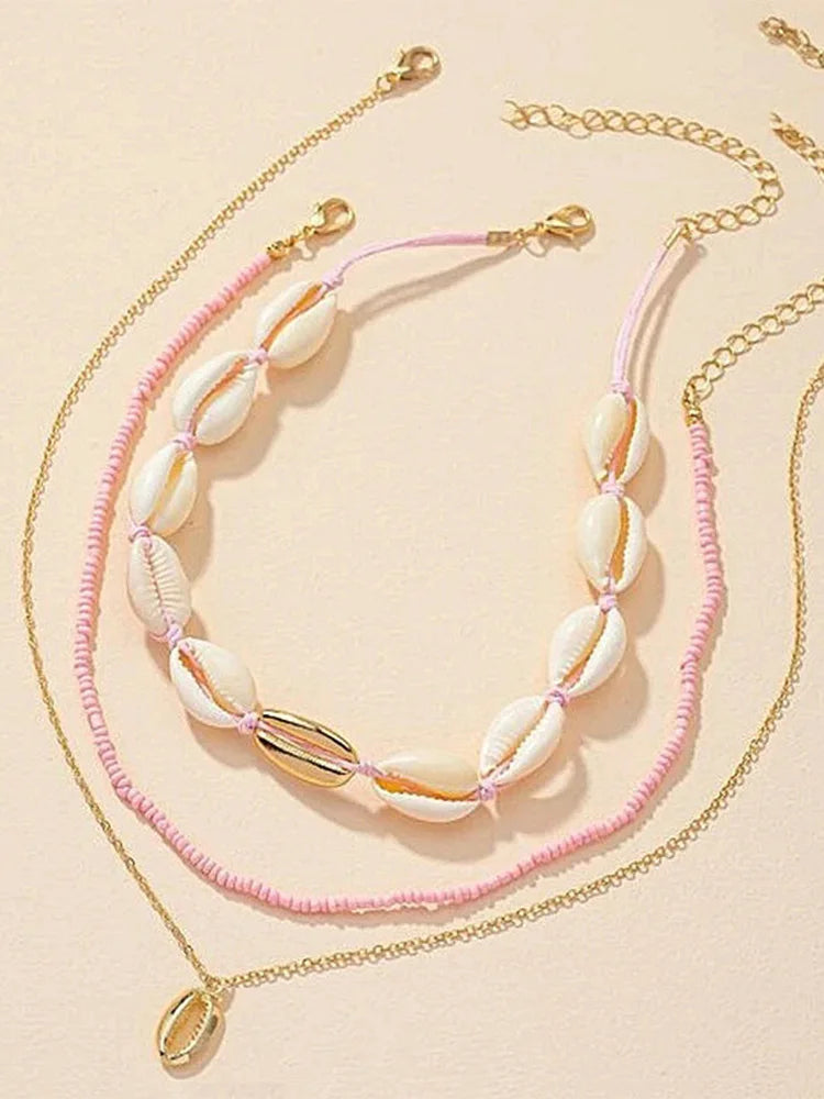 Bohemia Soft Clay Shell Star Sun Pendant Chain Layered Necklace