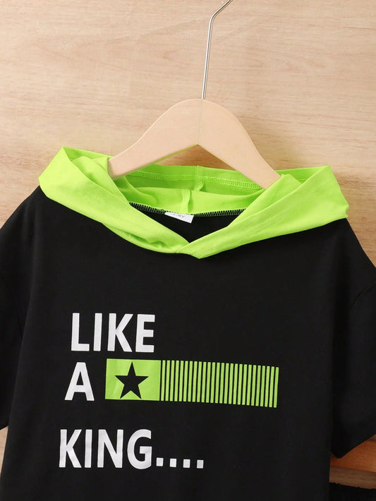 Summer 8-12 Years Old Cool Boys Letter Printing Short Sleeved Hooded Suit