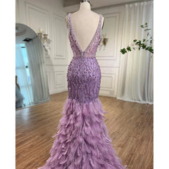 Homecoming Dresses: Mermaid High Split Evening Dresses Feather Beaded Gowns