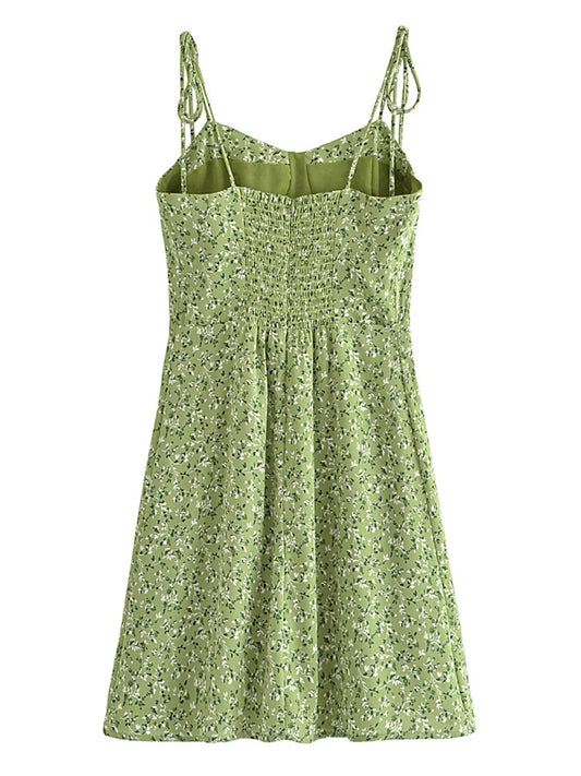 Women Vintage Green Floral Print Thin Strap Chiffon Dress