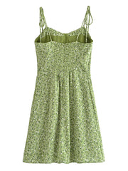 Women Vintage Green Floral Print Thin Strap Chiffon Dress