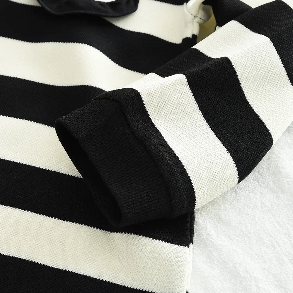 Children's Fashionable Casual T-shirt Dresses Black and White Color Blocked Collar