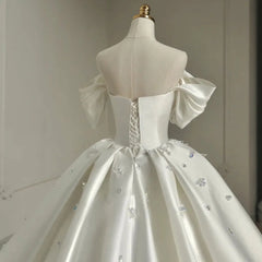 White Bridesmaid Dresses: Short Sleeve Pleat Sparkly Crystal Satin Ball Gown