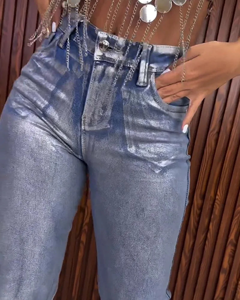 Metallic silver baggy jeans Fashion Y2K Blue Jeans Women Stretch Jeans