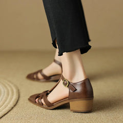 Genuine Leather Women Sandals T-Strap Pumps Office Ladies Party
