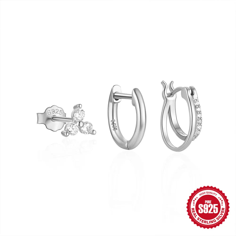 Aide 3pcs Set 925 Sterling Silver Double Gold Hoop Mini Zircon Stud Earrings For Women Hypoallergic Elegant INS Piercing Jewelry