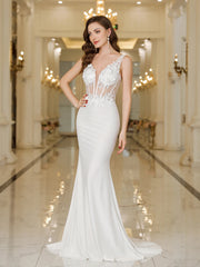Homecoming Dresses: White Mermaid V Neck Evening Dresses Elegant Appliques