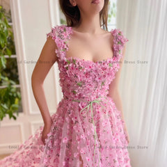Homecoming Dresses: Pink Prom Dresses Square Neck Sleeveless Tulle Party Gowns