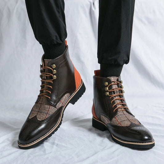Luxury Men High-Top Leather Chelsea Boots Vintage Retro Patchwork Brogue Boots