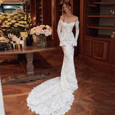 White Bridesmaid Dresses: Bridal Gown Gorgeous Lace Long Sleeve Princess Prom