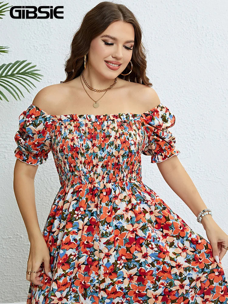 Floral Print Square Neck Puff Sleeve Dress Women Plus Size Vacation Boho Beach
