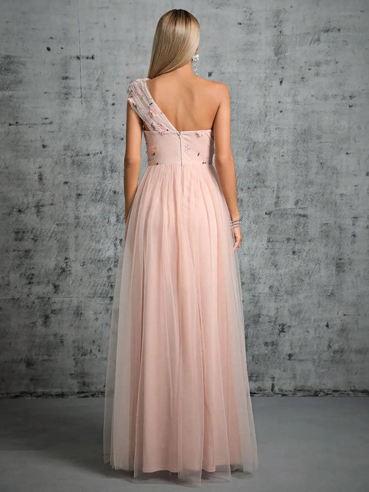 Homecoming Dresses: One shoulder pleated embroidery slit A set of gauze evening