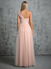 Homecoming Dresses: One shoulder pleated embroidery slit A set of gauze evening
