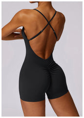Women Fitness Jumpsuit Running Workout One Piece Yoga Suit Scrunch Butt Shorts
