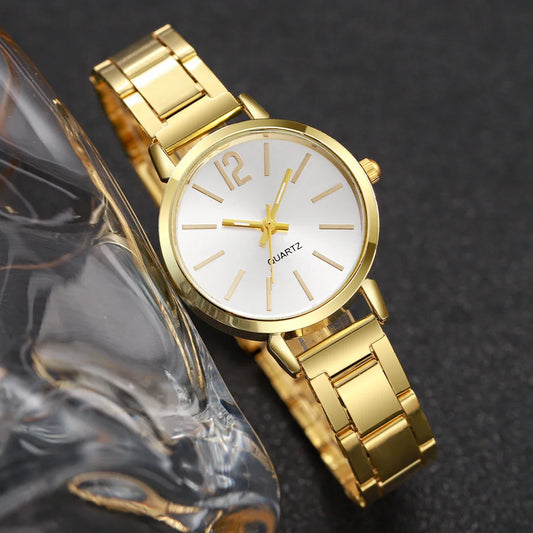 6PCS/Set Simple Scale Dial Women's Watch Fashion Gold Steel Band Quartz Watches Jewelry Set(Without Box)