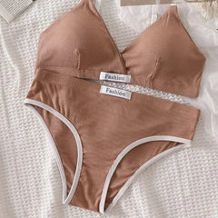 Women Cotton Bra Set Briefs Low Waist Panties Wire Free Bralette Sport Lingerie
