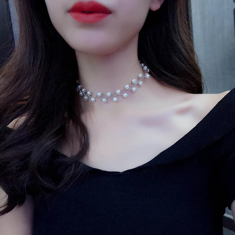 Beads Women's Neck Chain Kpop Pearl Choker Necklace Gold Color Goth Choker