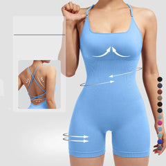 Yoga Criss Cross Backless Cami Sports Romper,Women's Jumpsuits Ribbed One Piece