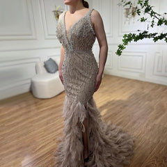 Homecoming Dresses: Mermaid High Split Evening Dresses Feather Beaded Gowns