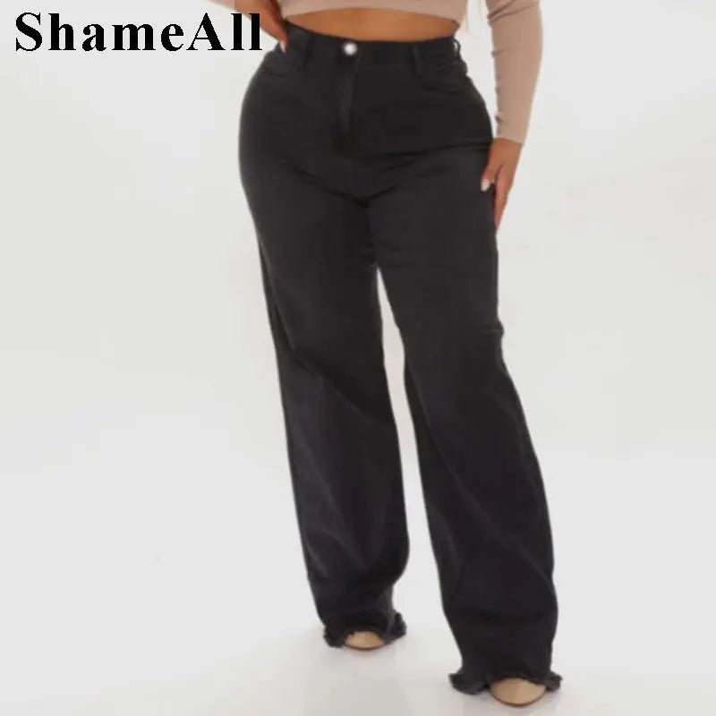 Plus Size Black Gray Loose Wide Leg Jeans Mom 4XL Women Boyfriend Pants
