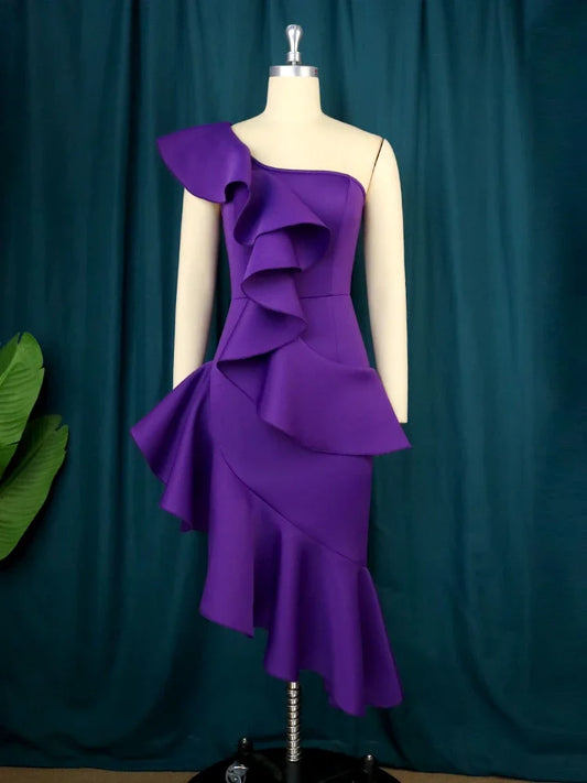 Women Ruffle Dresses One Shoulder High Waist Irregular Hem Mermaid Dress