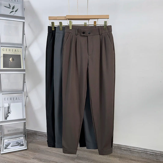 Men's Straight Suit Pants Business Casual Elastic Waist Formal Ankle Length Trousers