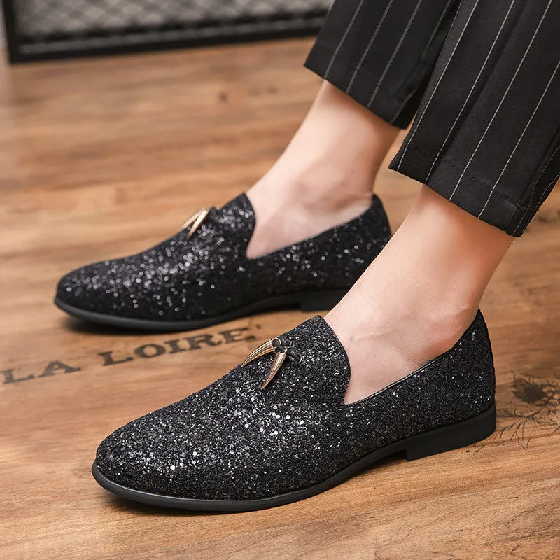 Italian Luxury Glitter Loafers Shoes Mens Silver Sequin Shoes