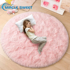 Pink Round Carpet Fluffy Soft Area Rugs for Kids Girls Room Princess Castle Plush Shaggy