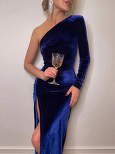 Evening wear Dresses: Long Sleeve One Shoulder Ruched Velvet Midi Dress