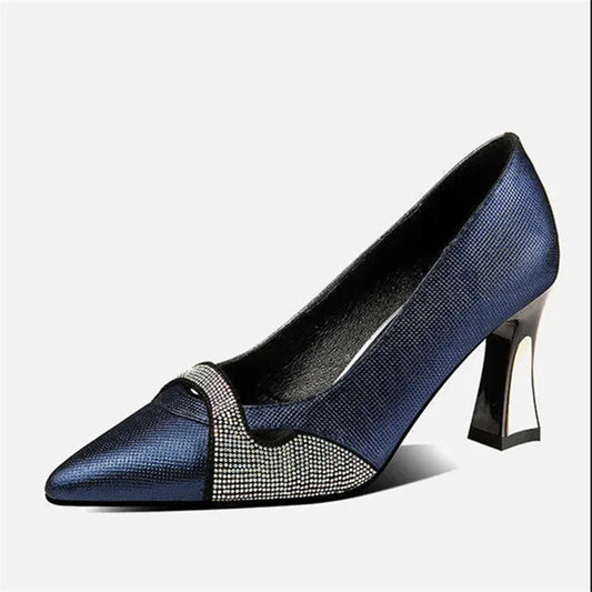 Women Classic Navy Blue Crystal Shining High Heel Shoes Lady Spring