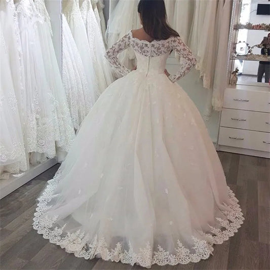 White Bridesmaid Dresses: White Appliques Long Sleeves Puffy Wedding Dresses