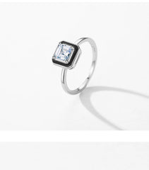 925 Sterling Silver Fashion Black Enamel Finger Ring Clear Square CZ Ring